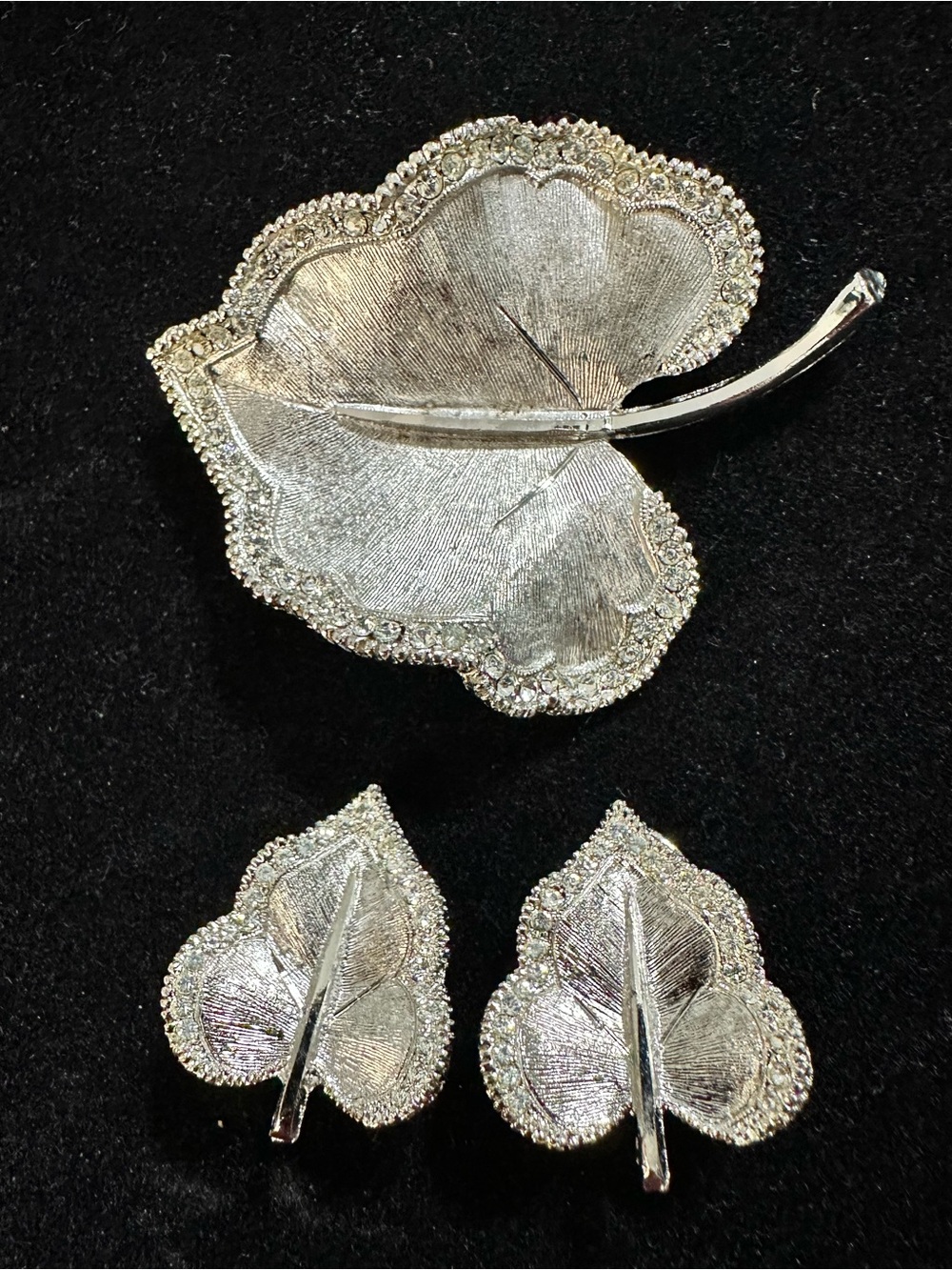 BSK- Silver Leaf Brooch and clip Earring Set - Silver Leaf with rhinestones #4